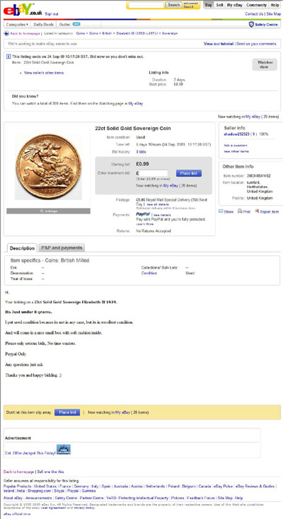 shadow232323 22ct Solid Gold Sovereign Coin eBay Auction Listing